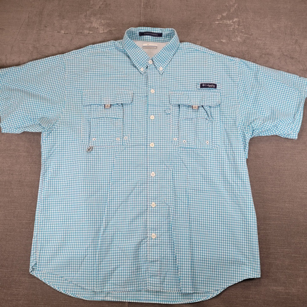 Columbia Super Bahama Mens L G Gingham Short Sleeve Fishing Shirt Teal White